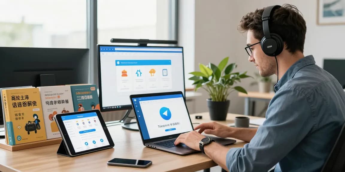 Setting up Telegram Chinese support on a laptop in a vibrant tech workspace