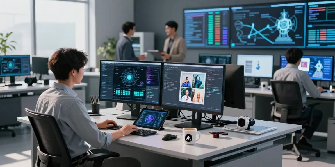 AI image checker analysis in a modern digital lab with advanced technology and collaborative teamwork.