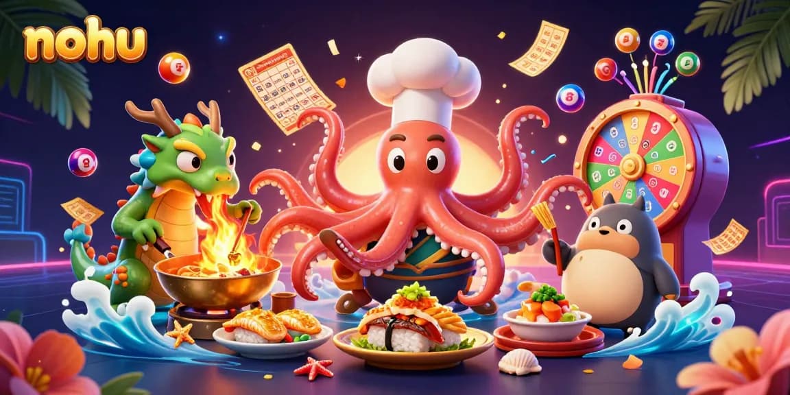 Nohu engages players with vibrant lottery balls, lively characters, and dynamic casino elements.