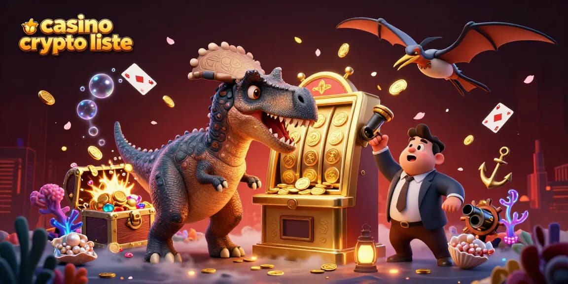 Les personnages principaux de la liste de casinos crypto interagissent autour d'une machine à sous dorée, une scène dynamique de jackpot.