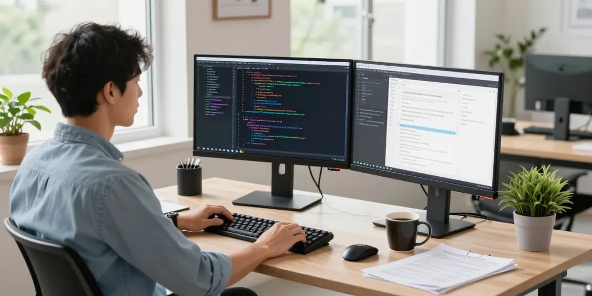 Developer using 截图工具 in a modern tech workspace, showcasing code on dual monitors.