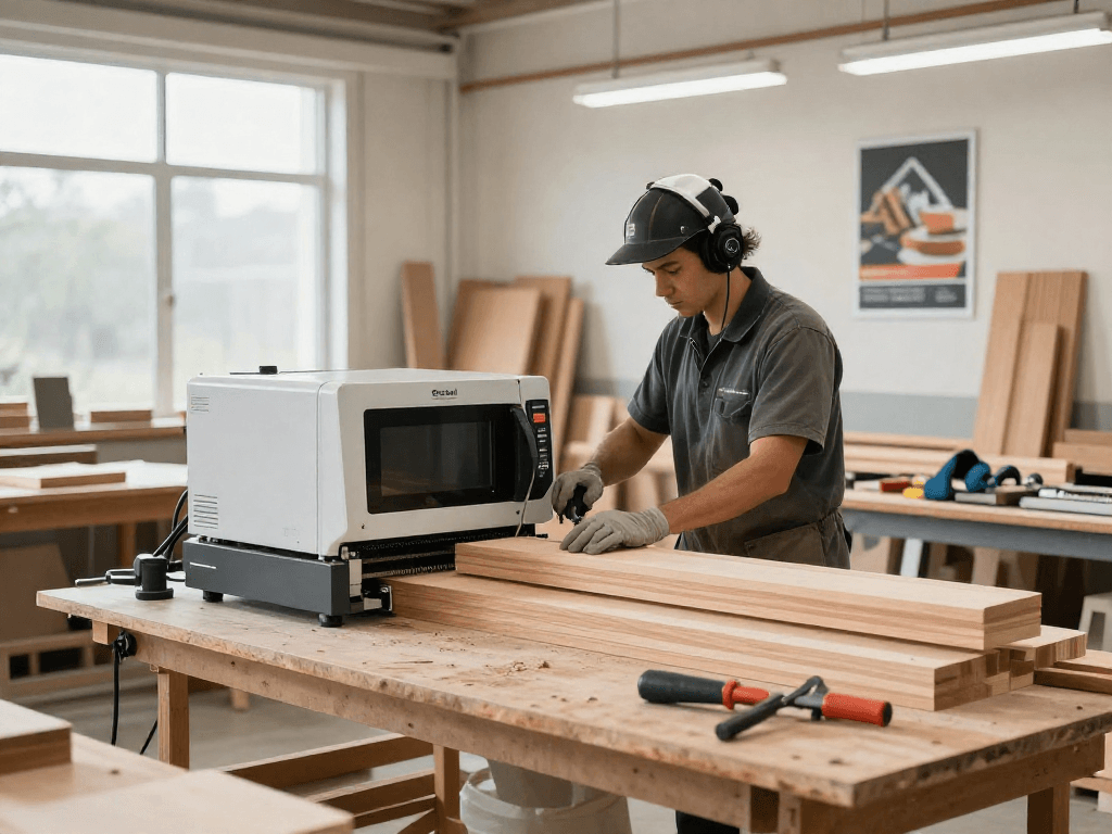 Shashel microwave equipment in a bright wood processing workshop eliminating pests quickly and effectively.