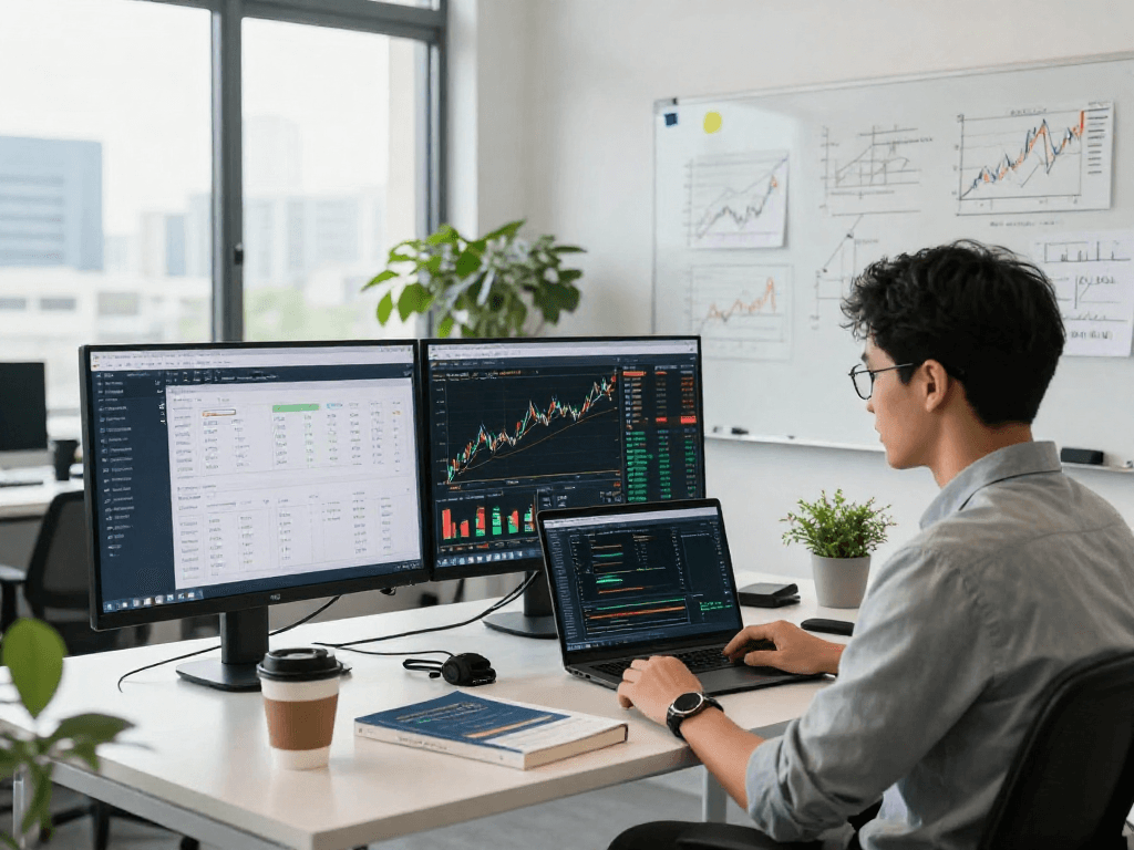 Japan stock backtesting API in a modern fintech office showcasing developers analyzing stock data and code.