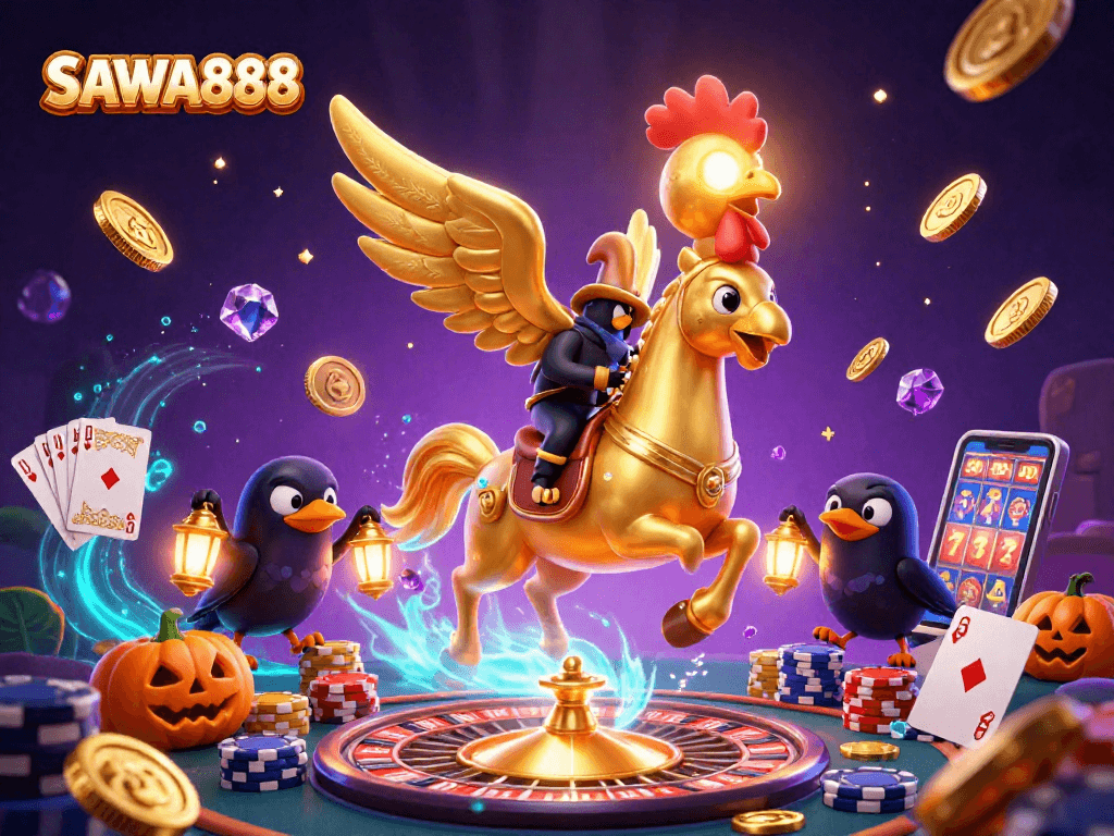 SAWA888 offers thrilling slot machine action with stunning graphics and gold coins in a vibrant casino setting.