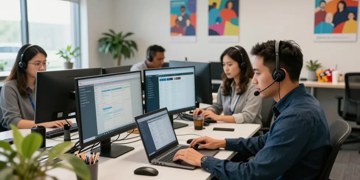 Telus-Technical-Support team offering remote assistance in a modern customer service office