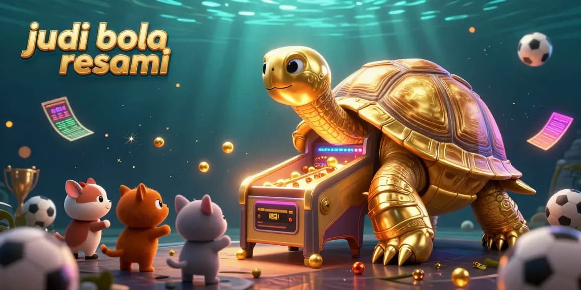 Engage in lively judi bola resmi action with a golden tortoise pinball machine, colorful trophy, and betting slips.