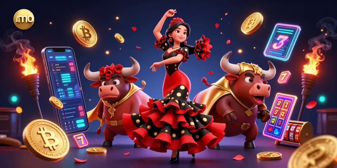 Experience the vibrant atmosphere of mmoo, featuring a dancing flamenco woman and a fighting bull amidst 3D casino elements.