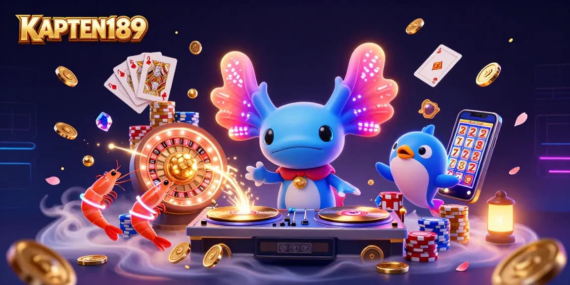 KAPTEN189 menunjukkan aksinya dalam ilustrasi 3D yang menampilkan DJ axolotl neon yang seru dengan elemen permainan kasino.
