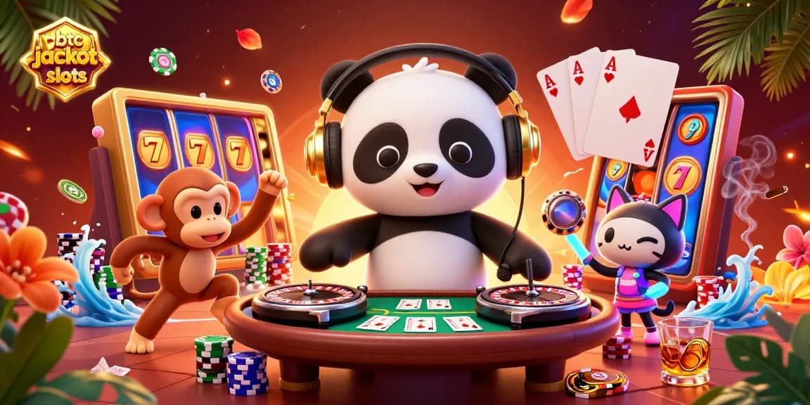 Experience btc jackpot slots with 3D panda DJ, lively characters, and vibrant casino elements in action.