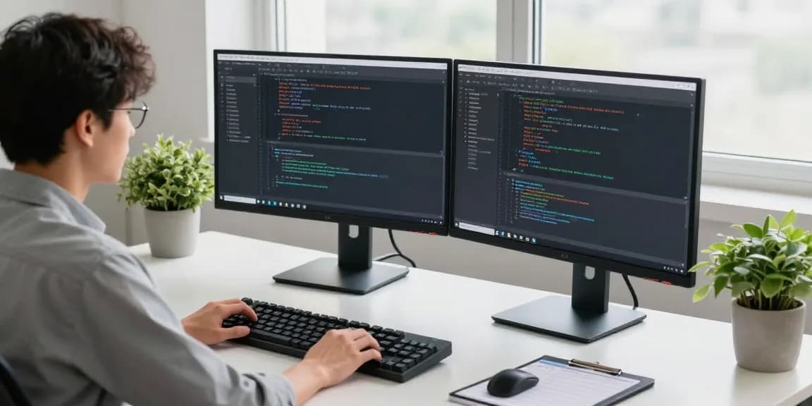 Engaged developer coding 纸飞机中文版 software in a modern workspace with dual monitors and vibrant plants.
