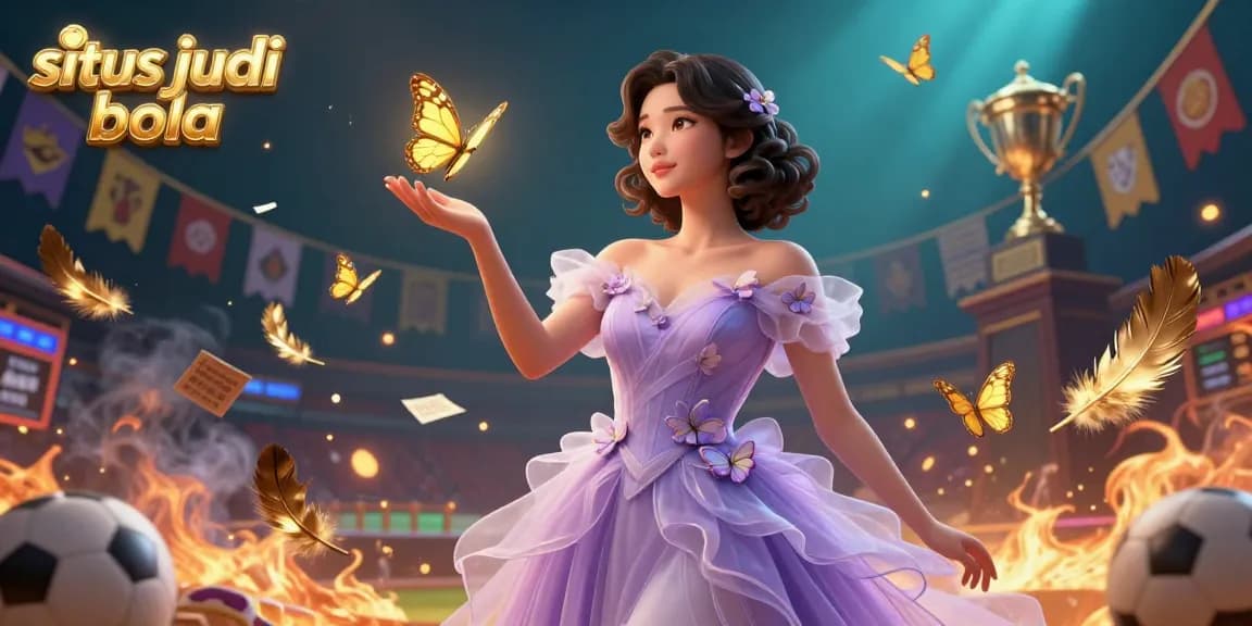 Situs judi bola showcases a vibrant Asian woman in a stunning gown amid sports betting elements, capturing the excitement of casino action.