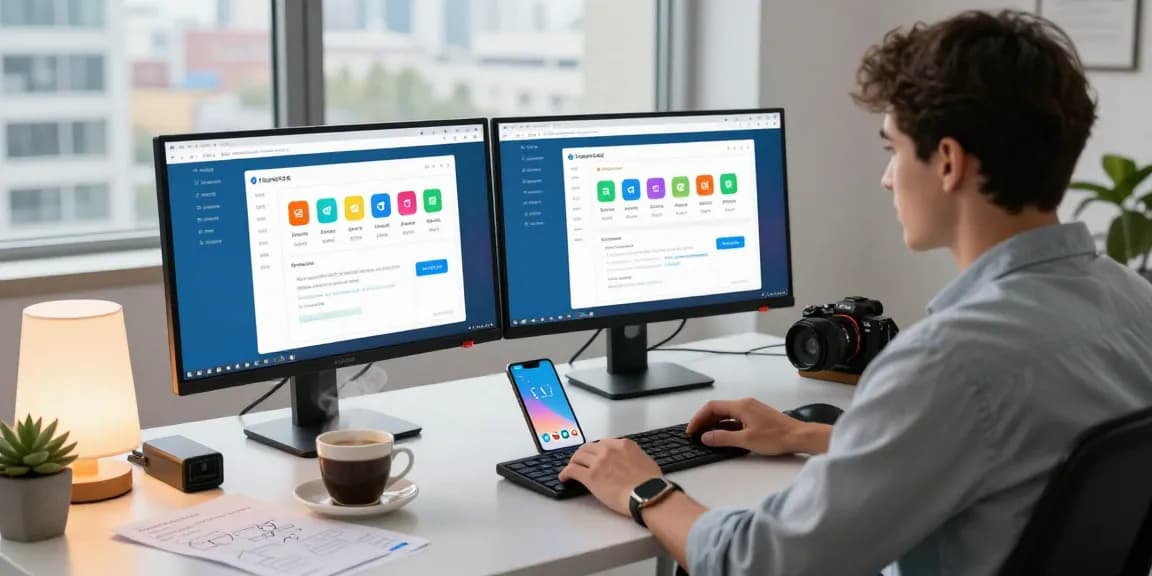 Engaging workspace for instant messaging with 纸飞机中文版 interface displayed on monitors, showcasing modern tech communication.