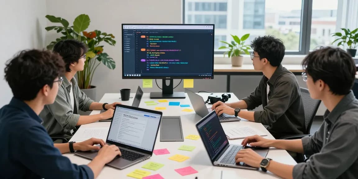 Developers collaborating on Telegram Chinese support app, showcasing code and ideas in a modern tech workspace.