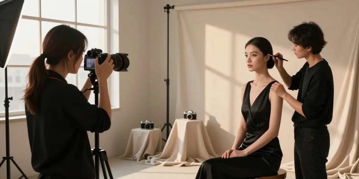 Photographe de portrait Milano capturant une cliente dans un studio élégant avec une lumière dorée.