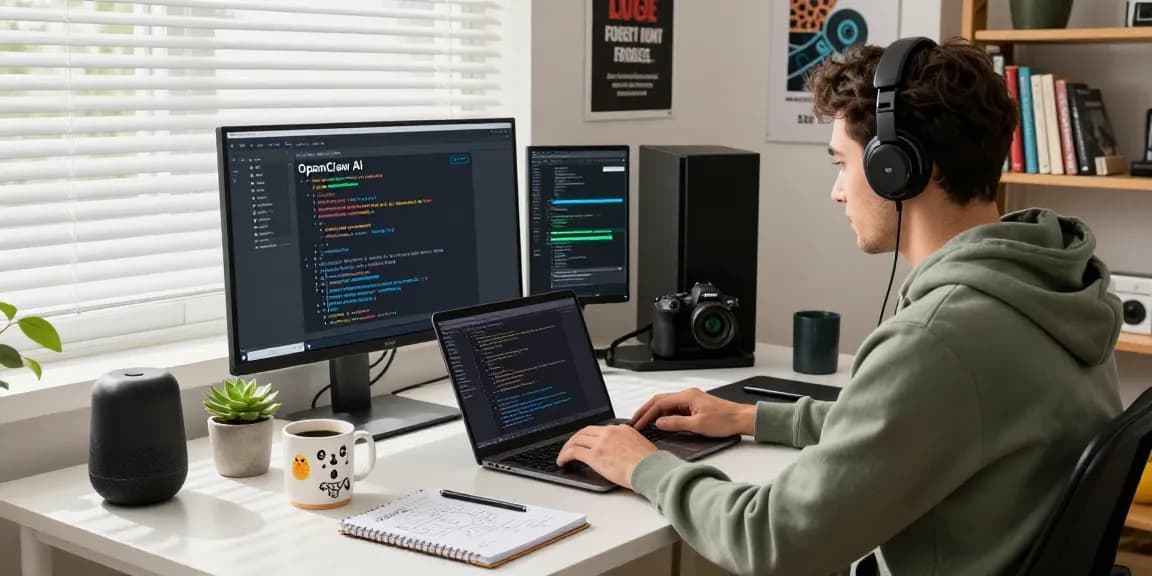 Dynamic tech workspace featuring a developer using openclaw AI, coding with dual monitors, surrounded by gadgets and bright light.