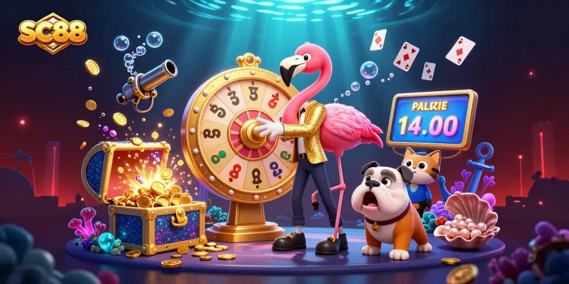 Spin to win at SC88 with a cartoon flamingo host and jackpot excitement!