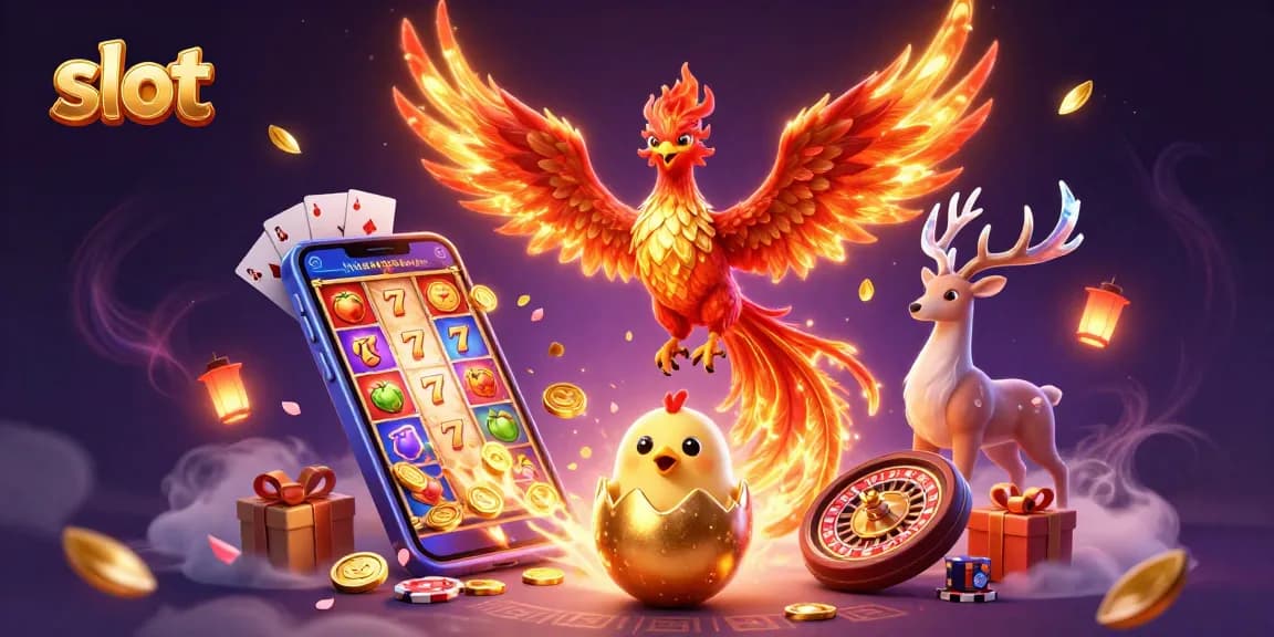 Experience the thrill of slot games with vibrant characters and dynamic casino elements in this 3D illustration.