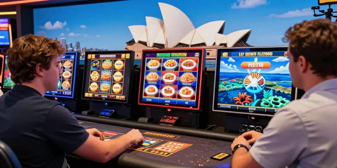 Exciting online casinos Australia experience with gamer enjoying vibrant slot options and iconic Australian landmarks.