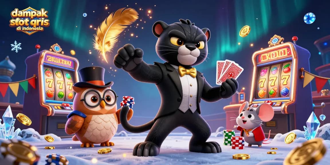 Experience the dampak negatif slot qris di indonesia through this vibrant 3D illustration showcasing lively casino characters and elements.
