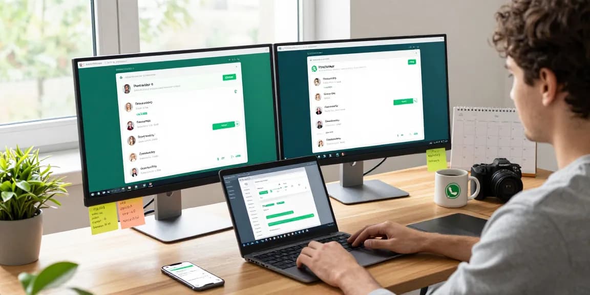 Engaging workspace featuring WhatsApp網頁版 on dual monitors, professional setup.