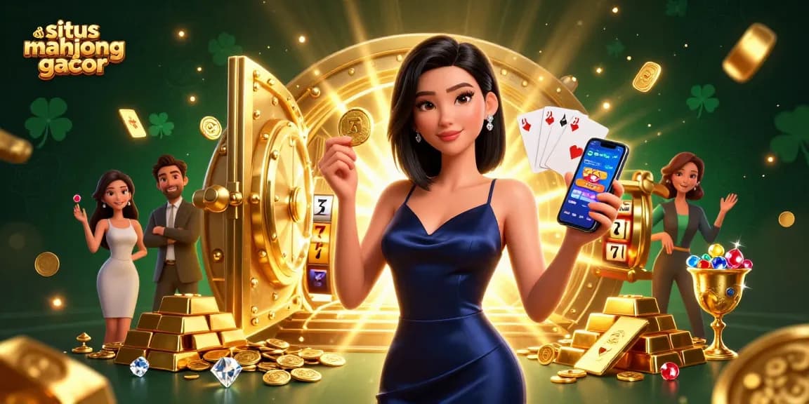 Play popular games at situs mahjong gacor featuring stunning woman with luxury casino elements.