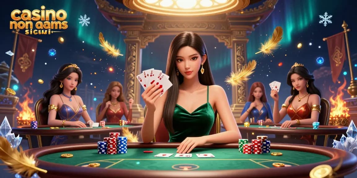 Gioca a poker con sicurezza presso i casinò non AAMS sicuri, con una bellissima donna asiatica che tiene le carte tra elementi di gioco dinamici.