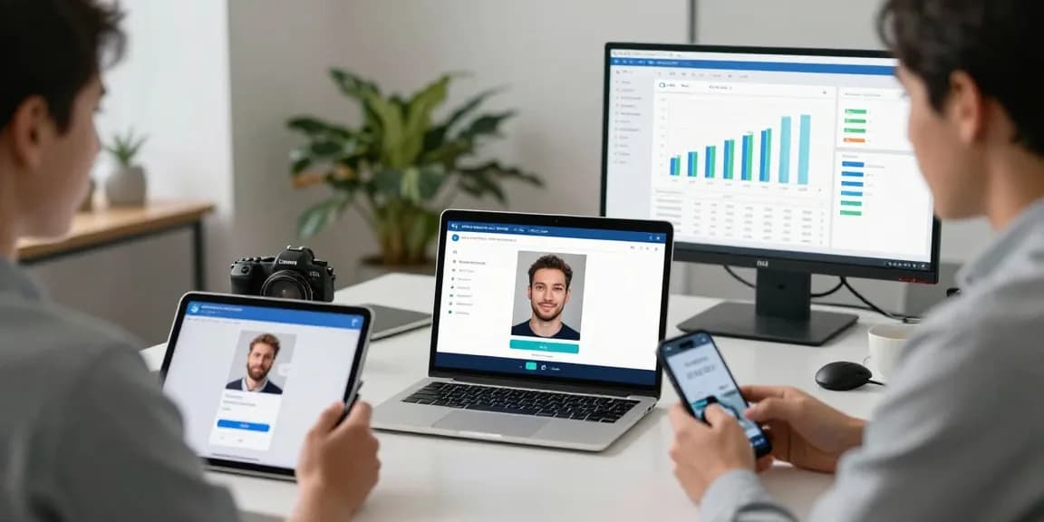 Effortless age verification system interface displaying live selfie process in a modern tech office.