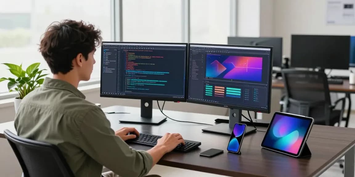 Dynamic tech workspace with a developer coding on dual monitors, highlighting the 纸飞机中文版 app interface.