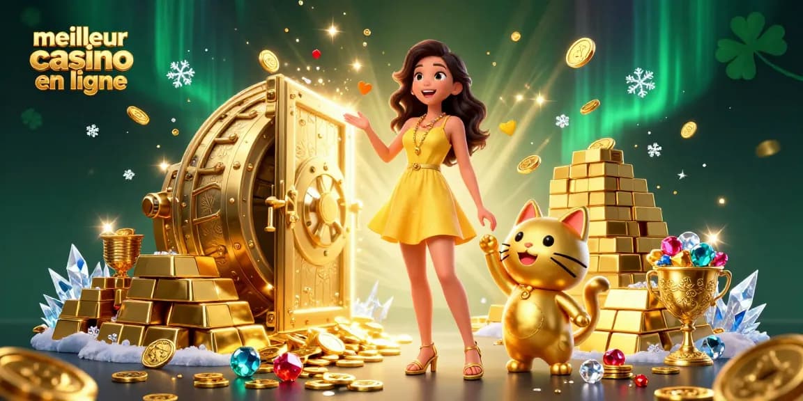 Gagnez au meilleur casino en ligne avec une scène joyeuse de fortune et de chance entourant les joueurs.