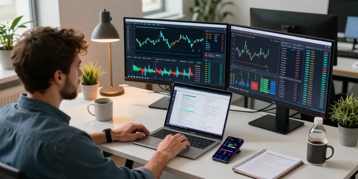Oklo stock trading analysis in a modern cryptocurrency workspace with multiple monitors and visualization tools.