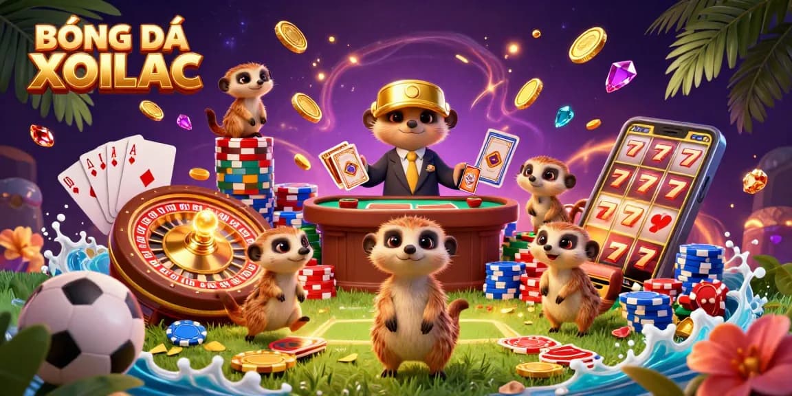 BÓNG ĐÁ XOILAC engaging scene with cartoon meerkats in a sports betting casino, dynamic elements filled with excitement.