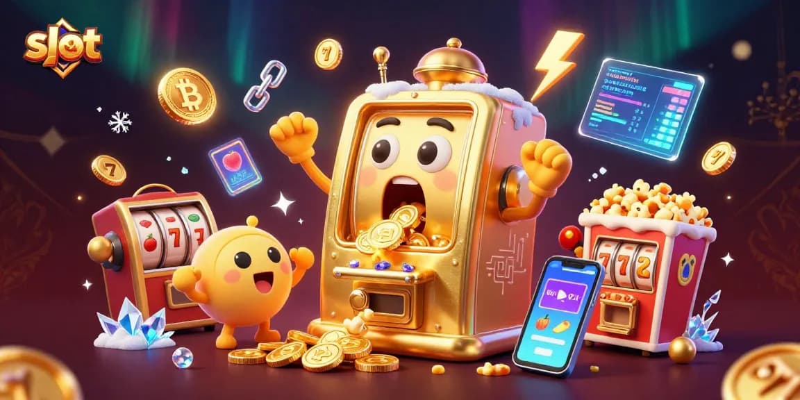 Slot mesin emas berujung jackpot memperlihatkan koin berkilau dengan mesin bayi bersemangat, dikelilingi elemen cryptocurrency.
