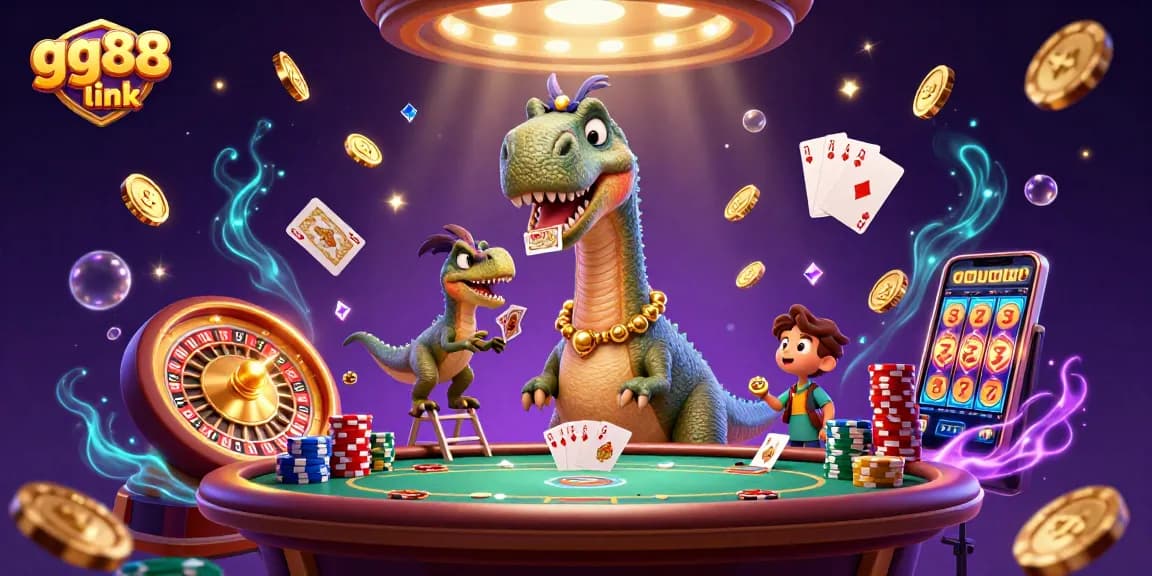 Players enjoy a lively gg88 link casino scene with a giant dinosaur and sparkling elements.