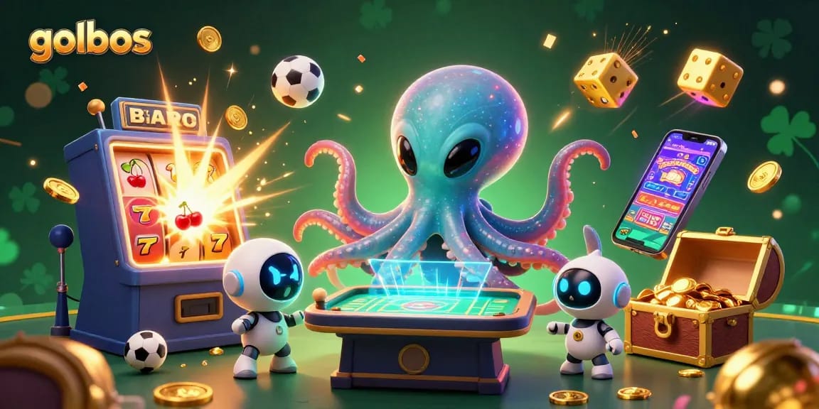 Experience thrilling sports betting with golbos in a dynamic 3D illustration featuring an alien octopus and vibrant casino elements.