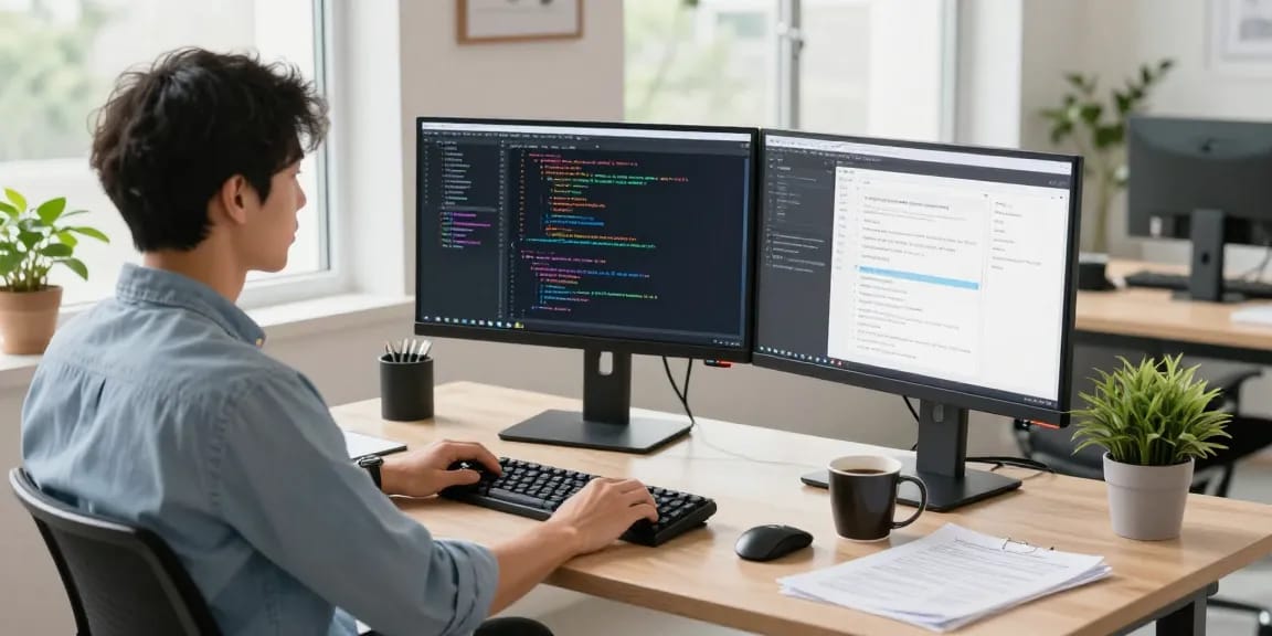 Developer using 截图工具 in a modern tech workspace, showcasing code on dual monitors.