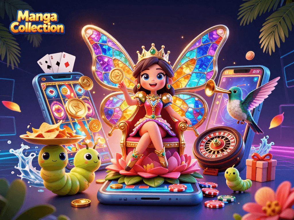 Manga Collection showcases a vibrant casino scene with a butterfly queen surrounded by gambling elements.