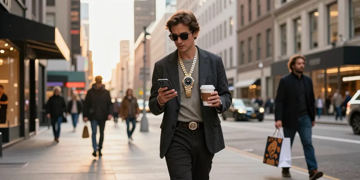 Stylish individual showcasing rolex super clone watches in an urban setting with vibrant city backdrop.
