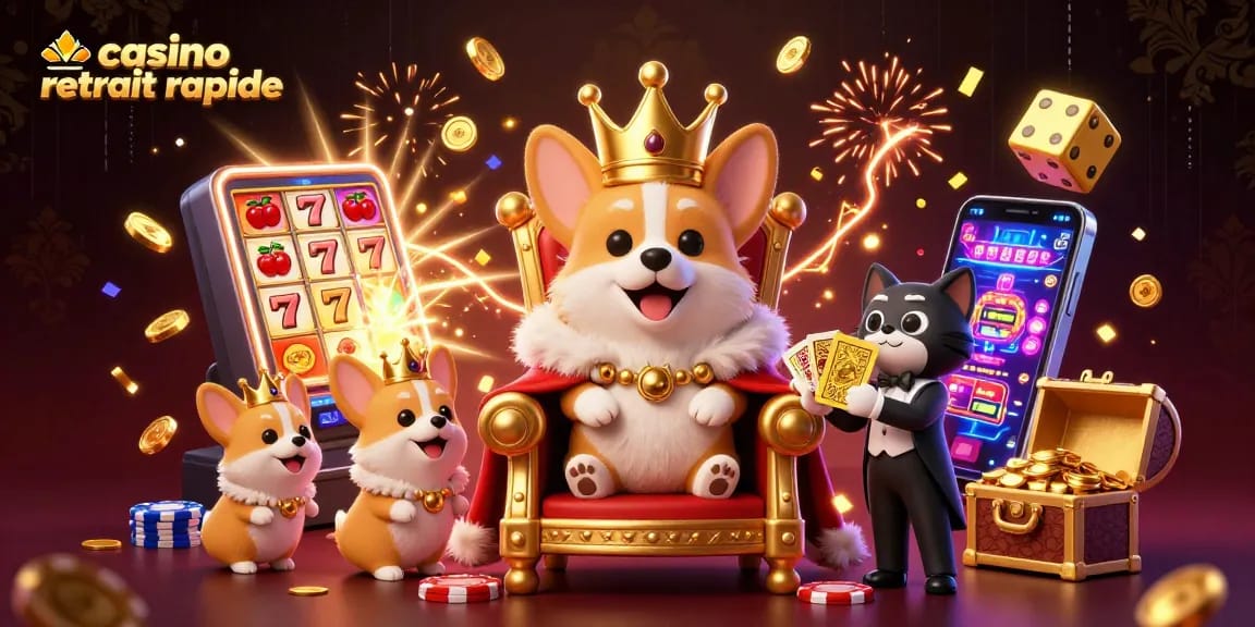 Gagnez avec casino retrait rapide dans une illustration 3D dynamique remplie d'éléments de jeux de casino.