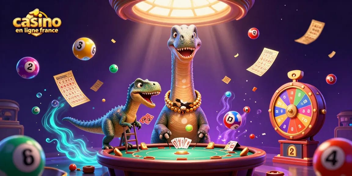 Illustration captivante de casino en ligne France, avec des personnages de dinosaures jouant aux cartes au-dessus d'une table
