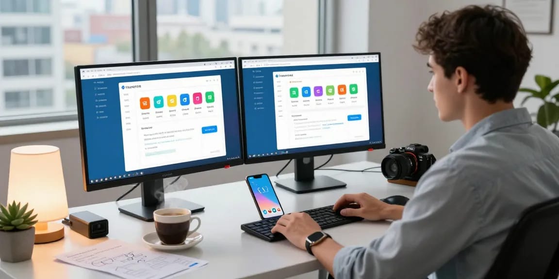 Engaging workspace for instant messaging with 纸飞机中文版 interface displayed on monitors, showcasing modern tech communication.