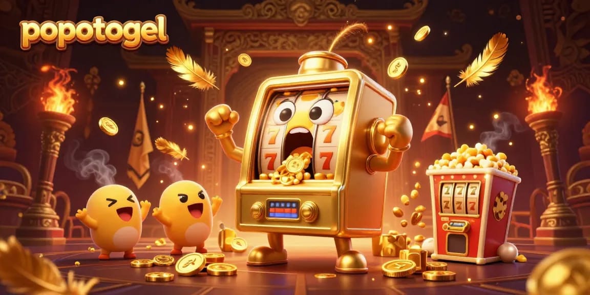 Get lucky with popotogel's thrilling gameplay featuring a jackpot-winning slot machine bursting with coins.