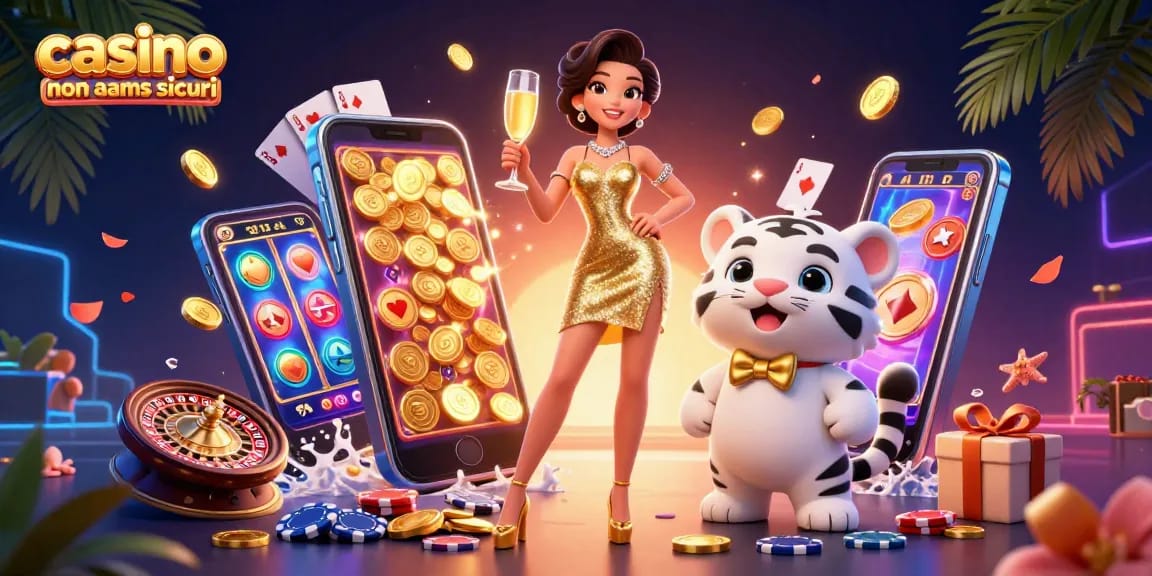 Vinci alla grande con la nostra illustrazione di casino non AAMS sicuri che mostra emozione e elementi di gioco vibranti.