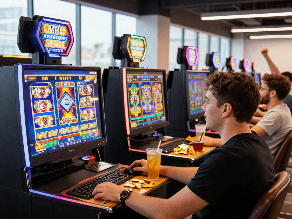 Engaged player at bandar slot gacor terminal enjoying vibrant gaming experience in modern lounge.