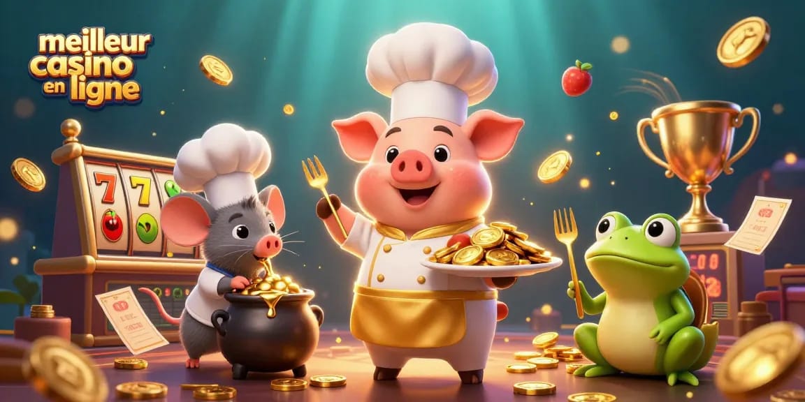 Plongez dans l'univers du meilleur casino en ligne avec un chef, une souris et une grenouille en pleine action.
