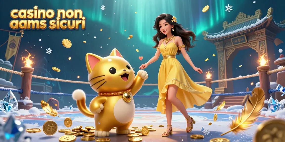 Gioca nei casinò non aams sicuri con una gioiosa donna asiatica e un gatto fortunato circondati da scintillii.