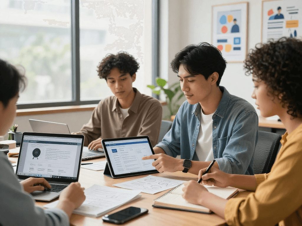 Registro de dominios: equipo profesional colaborando en estrategias de registro con tabletas y portátiles en oficina moderna.