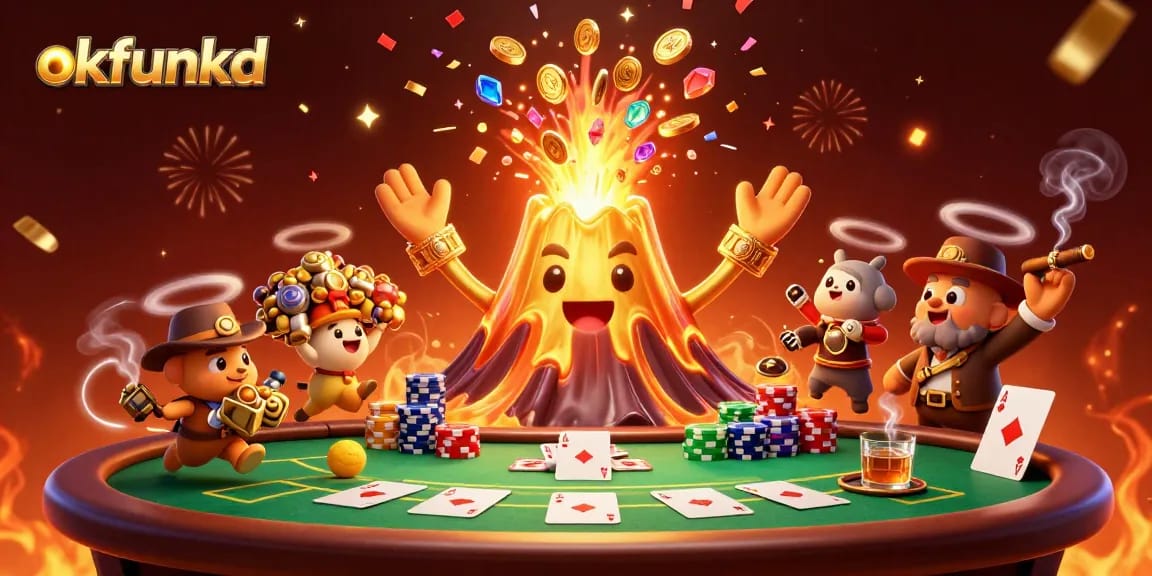 Experience the thrill of winning with okfunkd as treasures erupt from a golden volcano in this vibrant casino scene.