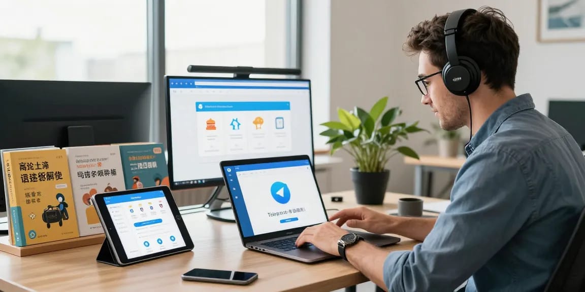 Setting up Telegram Chinese support on a laptop in a vibrant tech workspace
