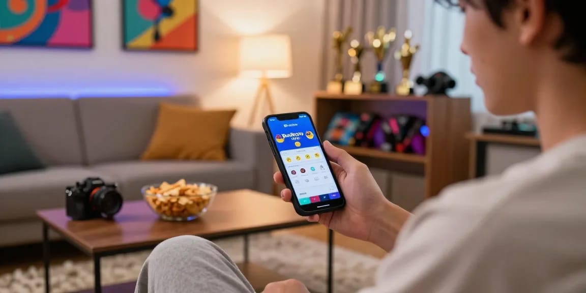 Benihtoto togel app interface shown on a smartphone in a cozy living room setting, enhancing online gambling experience.