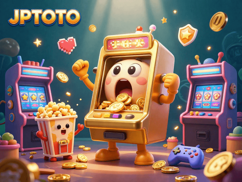 Engage with JPTOTO's dynamic slot experience as the golden machine hits a jackpot, coins flying everywhere.